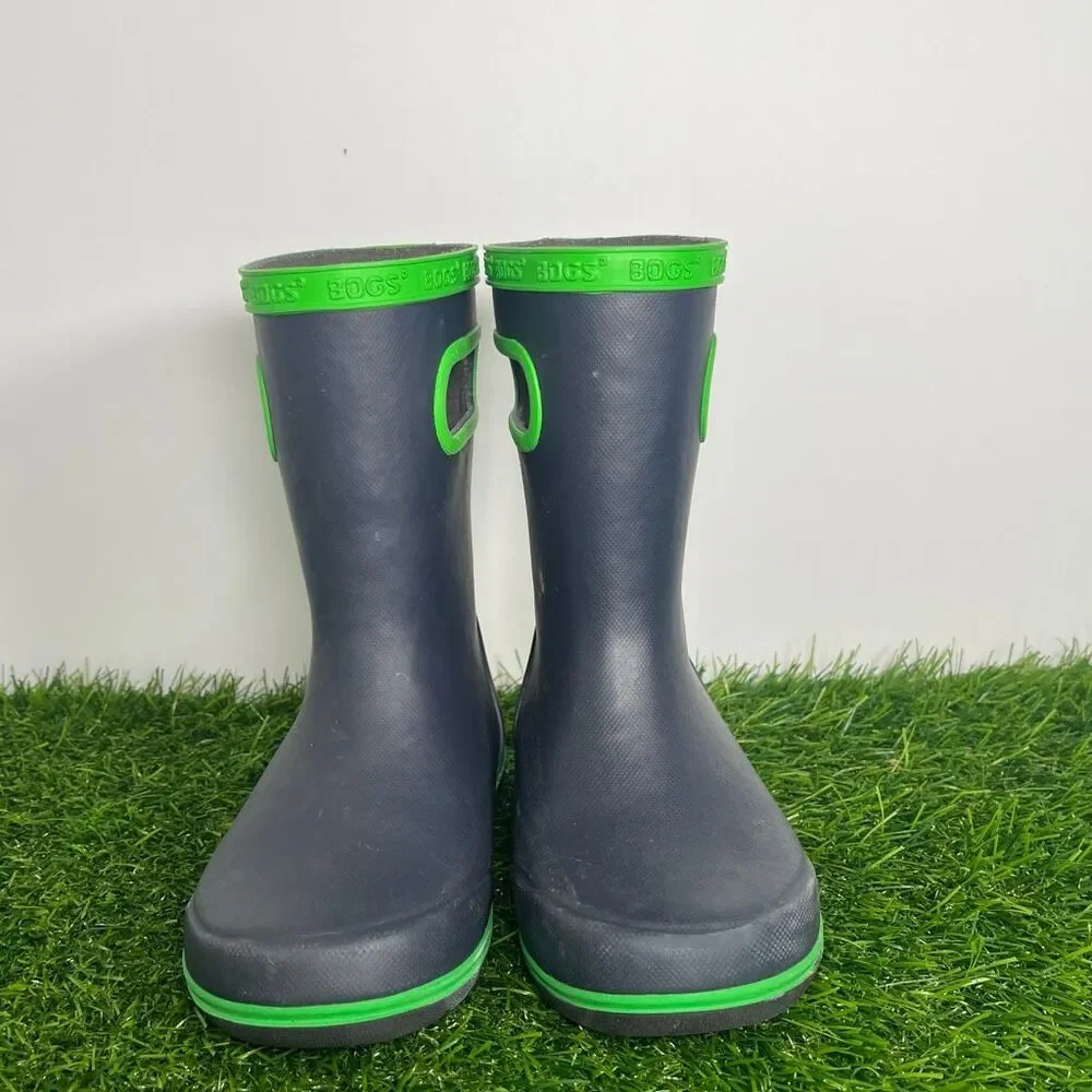 Bogs Kids Rain Boots Size 10 Waterproof Rubber Black Green Pull On Boots - Picture 2 of 7